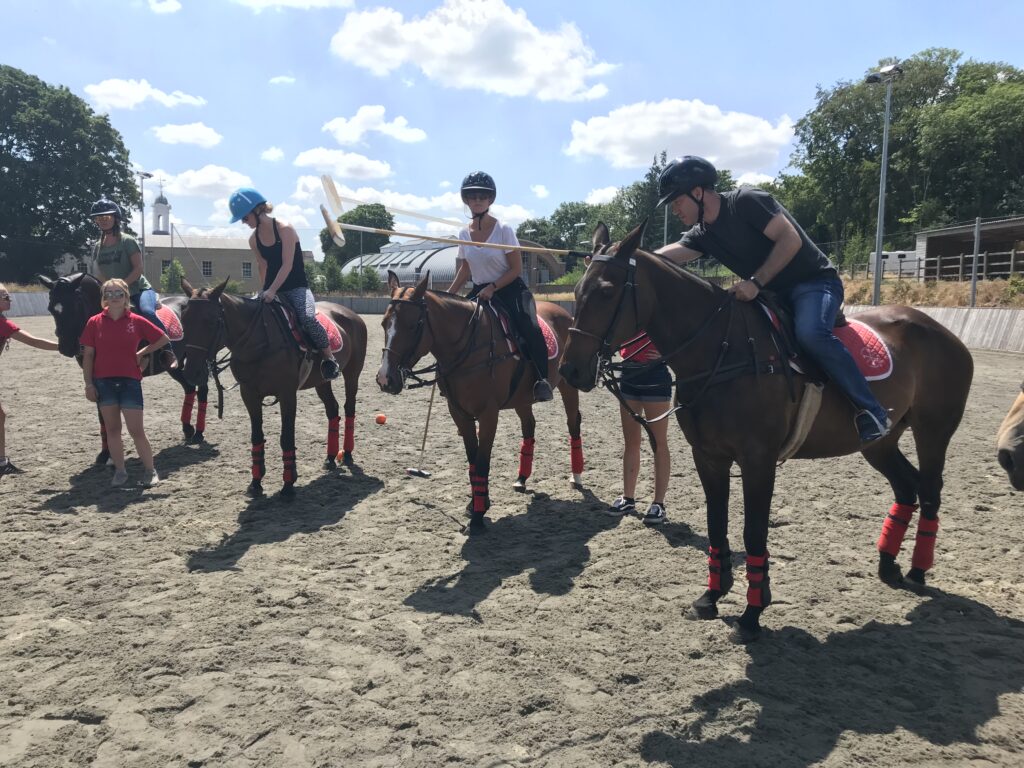 Team building polo ponies with players learning to make the swing